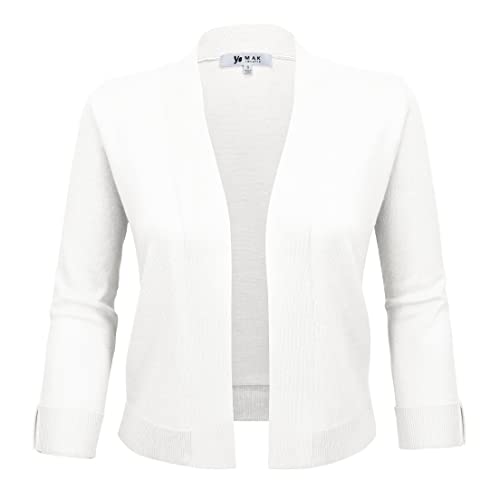 Image of YEMAK Women's Crop Cardigan Sweater - 3 /4 Sleeve Open Front Classic Basic Knit Bolero Cropped Soft Lightweight Knitted Top