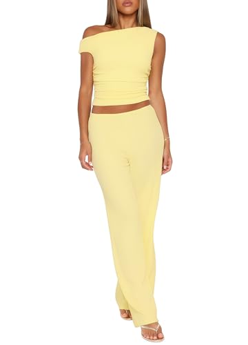 Vest and Pants Set Women - Sexy Pant Sets Women 2 Piece Outfits Off Shoulder Ruched Crop Tops Wide Leg Pantsuits3