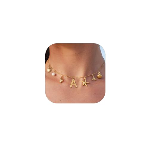SLOONG Initial Charm Necklace for Women, Beach Pendant 14K Gold Plated Letter Neckalces Freshwater Pearl Choker Boho Summer Jewelry Gifts