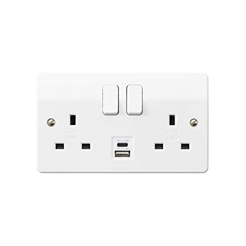 MK (ELECTRIC) Logic Plus Double Socket (K2745WHI) with Dual USB Charging Ports type A and C, (2-Gang, 13A), white Cover