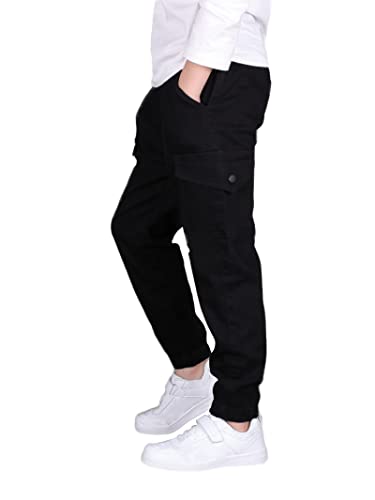 Camlakee Boys Cargo Pants For Kids Stretch Elastic Waist School Youth Twill Joggers Black 12-13 Years/Size 160 #TOP2