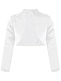 FEESHOW Mädchen Bolero Festlich Langarm Satin Schulterjacke Mit Blumen Strass Schleife Zum Taufe Kommunionkleid Weiß_Q 146-152