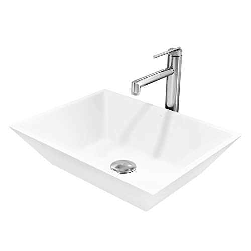 Vigo Vgt2055 13.75" L -18.0" W -4.63" H Matte Stone Vinca Composite Rectangular Vessel Bathroom Sink In White With Faucet And Pop-Up Drain In Brushed Nickel #TOP29