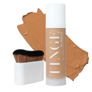 Tinge Body Makeup & Brush Bundle, 48-Hour Medium Coverage Tint with Hyaluronic Acid, Semi-Matte, Water & Transfer Resistant, Vegan, Kabuki Brush for Streak-Free Blending, Tan Neutral, 3.38 Fl Oz