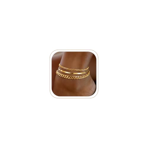 DEARMAY 14K Gold Plated Ankle Bracelets Set for Women Waterproof, Anklets for Women Cuban Link Layered Pack Jewelry Gift, 8.5in, Brass Plated with 14K Gold, Cubic Zirconia