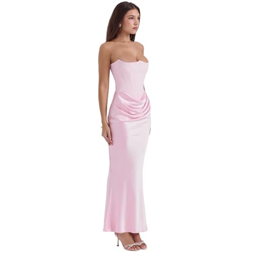 Image of ANKOMINA Women's Strapless Boned Corset Satin Dress Sexy Backless Pleated Stitching Dresses for Wedding Cocktail