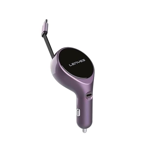 Image of Lenyes CA820 60W Car Charger | Dual Output with 80cm Retractable Type-C Cable | 30W PD Fast Charging | 2-in-1 Adapter for Type-C Devices | Compact Car Accessory (Purple)