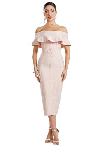 Image of Off Shoulder Bandage Dresses for Women Wedding Guest Party Midi Formal Gowns Evening Dress