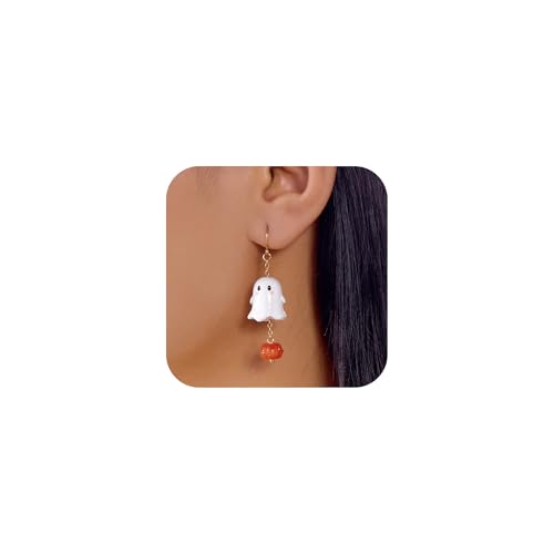 SLOONG Cute Halloween Earrings for Women Dangle White Ghost Pumpkin Gold Dangle Earring Hallowee Jewelry Accessories Hypoallergenic