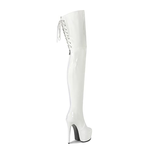 Image of Shiny leather Thigh high boots for Women Stiletto heel Platform Over the knee Round toe back zipper Sexy Front Strappy high heel Cosplay Custume unisex boots