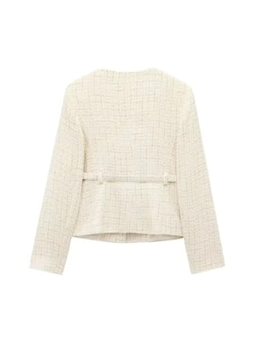 Women Crew Neck Tweed Blazer with Belt Long Sleeve Front Buttons Outerwear Office Casual Coat2