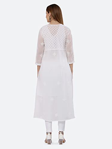 Image of FAWOMENT Ethnic Designer Angarkha A-Line Georgette Kurta with Exclusive Hand Embroidered Lucknowi Chikankari for Women