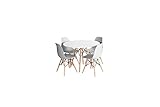 Conjunto de cuatro sillas Tower Wood grises y una mesa Tower Wood blanca. Ahora ya puedes disfrutar de muebles con el mejor diseño por muy poco. Haz de tu hogar un sitio más elegante y ahorra comprando en esta mesa y sillas en conjunto.
