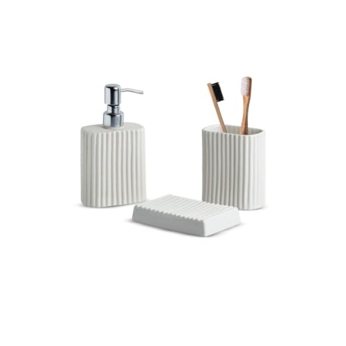 Image of ExclusiveLane 'Ivory Flute' Ceramic Bathroom Accessories Set of 3 (Ceramic Liquid Soap Dispenser Set for Wash Basin, Paste & Toothbrush Holder, Soap Tray) |Hand-Carved |Bathroom Organiser Set