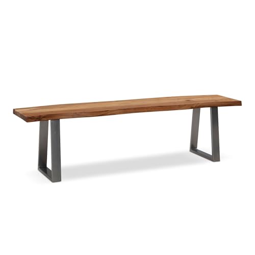 FineBuy Esszimmerbank Akazie Massivholz/Metall mit Baumkante, Esstischbank Holzbank Massiv ohne Lehne, Küchenbank Chrom Essbank Modern, Sitzbank Esszimmer Braun