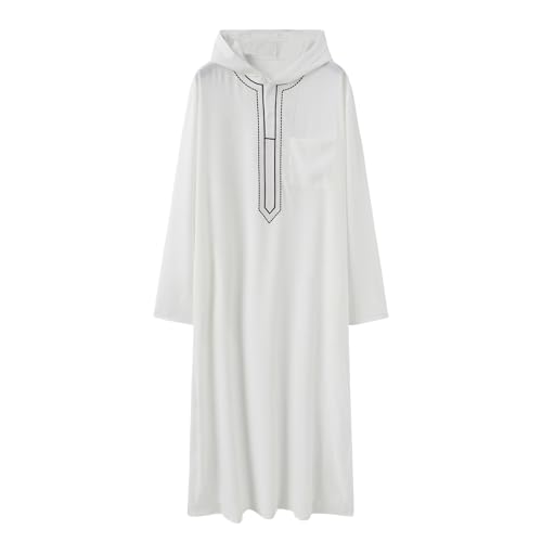 Caftan en lin blanc L pour homme robe musulmane brodée à capuche