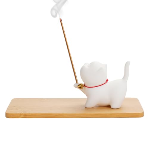 Soporte para incienso, gato de cerámica, bonito gatito, soporte para incienso, quemador de incienso, soporte para palo de incienso, soporte para incienso con atrapa cenizas de madera, soporte para