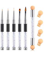 TOODOO 5 Pieces Acrylic Nail Brush UV Gel Nail Brush Pen Set and 1 Piece Double-ended Nail Gradient Shading Pen with 4 Sponge Heads (Black Pen and Clear Rhinestone Style)
