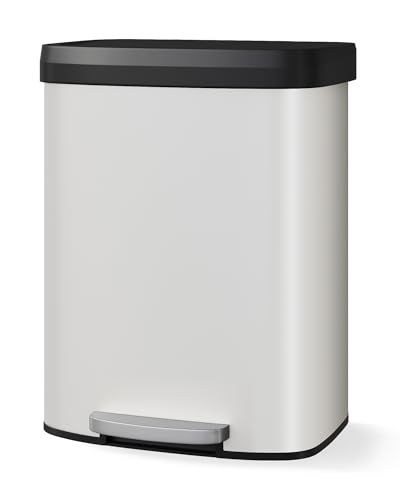 Image of Garvee 16 gal / 60 L Metal Trash Can with Lid, Large Garbage Can for Kitchen, Rustproof Step-on Kitchen Metal Trash Bin with Liner Rim, Rear Handle, Soft Close Plastic Lid, White