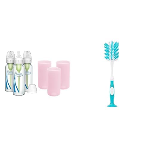 Dr. Brown's Anti-Colic Options+ Narrow Glass Baby Bottles 8oz and Level 1 Slow Flow Nipple, 3-Pack 0m+ and Pink Silicone Sleeves and Deluxe Bottle Brush w/Suction Cup Stand and Bonus Brush Blue