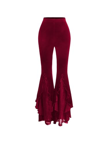 GORGLITTER Women's Lace Gothic Pants Y2K Fall Velvet Goth Bell Bottom Festival Halloween Renaissance Rave Flare Pants Red Large