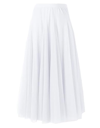 SANGTREE Women's Tulle Skirts, Elastic High Waist A Line Basic Long Tutu Layered Mesh Maxi Swing Skirt White, X-Small