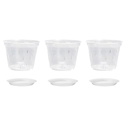 JIHUOO Lot de 3 pots à orchidée en plastique transparent respirant avec trous de drainage et soucoupes 10 cm