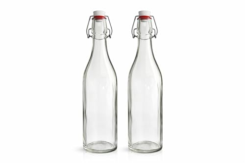 isigno Botellas de Vidrio 1L con Cierre Hermético Pack de 2 Botellas Reutilizables con Tapón de Clip Botella Cristal para Agua Zumo, Bebidas Caseras