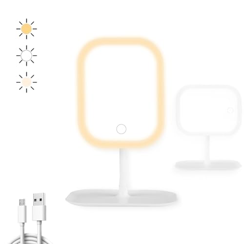Ansuoda Schminkspiegel mit Beleuchtung, Dimmbare Helligkeit Vanity Spiegel, Wiederaufladbare Touch Tischspiegel für Schlafzimmer Schminktisch Zuhause Reise