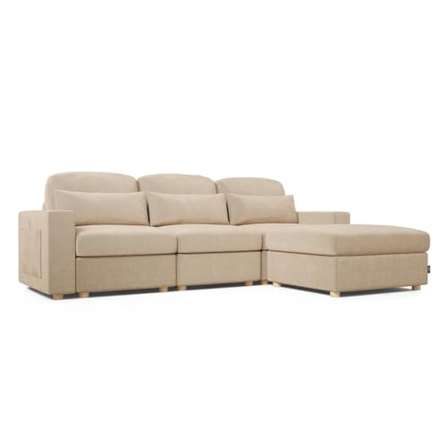 Nalui - Sofá 3 Plazas Chaise Longue Modular Bloom 280x103-193x88cm Puff Con Arcon 77l. Tejido Ultra Suave 360 Y Estructura Reforzada. Incluye 3 Cojines Máximo Confort, Beig Nalui - Sofá 3 Plazas Chaise Longue Modular Bloom 280x103-193x88cm Puff Con Arcon 77l. Tejido Ultra Suave 360 Y Estructura Reforzada. Incluye 3 Cojines Máximo Confort, Beig