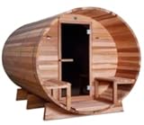 Carbonized Wood Outdoor Barrel Sauna with Front Porch, 4 Person Round suana Room, with 6KW Wet or Dry Heater
