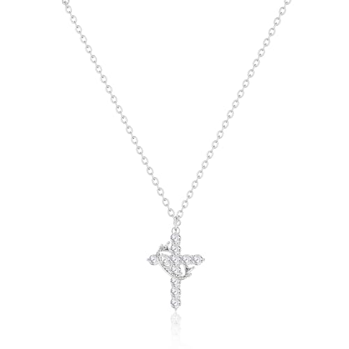 NECOCY Cross with Crown Necklaces for Women Dainty Small Silver Plated CZ Cross Pendant Necklace Womens Trendy Charm Choker Chain Christian Faith Religious Jewelry Christmas Gift