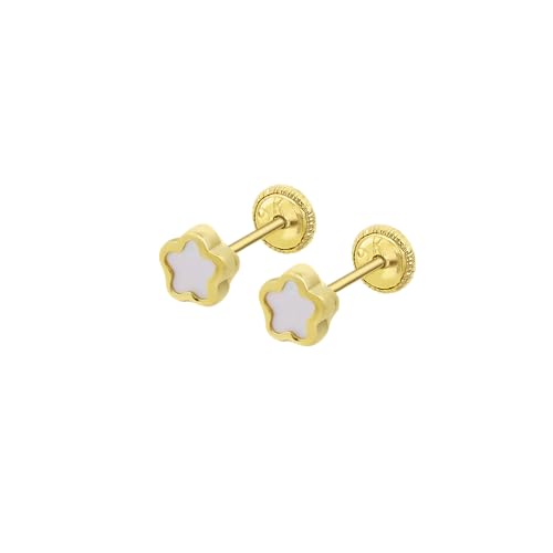 TIME ROAD Pendientes Bebé Niña LG00032/4 de Oro 9K 375 ml - Cierre Seguro de Rosca - Pendientes de Flor 4 mm - Infantil 3, 6, 12 a 24 meses - Ideal como Regalo de Nacimiento, Bautizo o Cumpleaños
