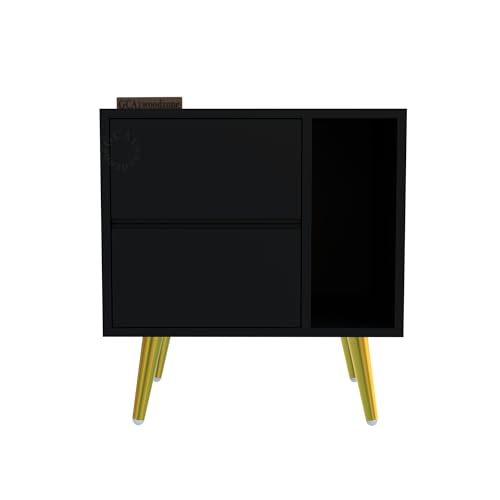 Image of Wooden Bedside Table for Bedroom | Modern Bed Side Nightstand with 2 Drawers & Shelf Storage | Lamp Table for Living Room, Home & Hotels | HDMR Wood with Iron Legs, Black (Set of 2)