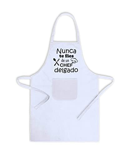 SAQUITOMAGICO Delantal divertido y gracioso Nunca te Fíes de un Chef Delgado.-regalo cumpleaños y fiestas (blanco)