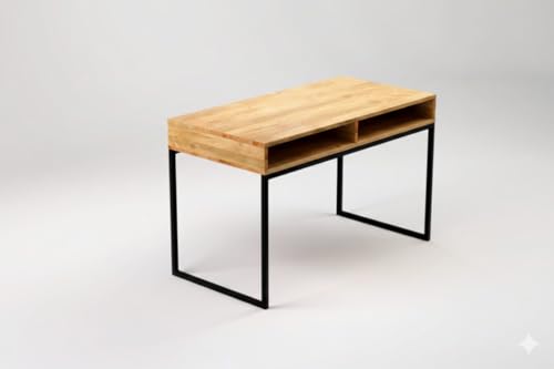 Image of Solid Wood Top & Iron Frame Study Table | Wooden Study Desk | Writing /Reading Desk with Two Open Shelfs for Study Room | Office | Living Room | Finish Color - Brown |