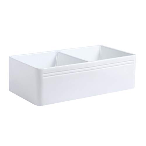 Renovators Supply Crater Double Bowl Farmhouse Kitchen Sink 33 Inches Apron Front Undermount Reversible Kitchen Sink White Rectangular Vitreous China Porcelain Deep Double Basin Sink Including Drains #TOP6