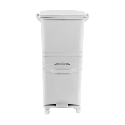 Cubo de basura triple de 42 l con ruedas, 3 en 1, separador de residuos secos y húmedos con cajón y pedal de pie, sistema de separación de residuos de 9,24 Gal, 4 ruedas (2 frenos), 84 cm de alto para