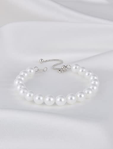 Dickbe Pearl Bracelets For Women 925 Sterling Silver Classic Pearl Bracelet Adjustable Slide Chain 8Mm White Pearl Strand Bracelets Jewelry Gift For Girls Women #TOP2