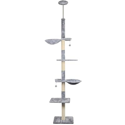 Roypet Adjustable 93"-116" Tall Cat Climbing Tree 5-Tier Kitty Activity Center Floor-to-Ceiling Climber Toy with Hanging Hammock and Scratching Posts Cat Furniture,Grey