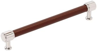 Signature Hardware 954066-7916 Lazzara 7-9/16 Inch Center to Center Brown Leather Bar Cabinet Pull - Polished Nickel