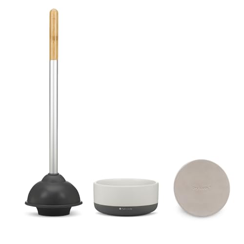 Full Circle Royal Plunge - Bathroom Toilet Plunger with Ceramic Holder and Diatomaceous Earth Disk for Mold & Mildew Prevention, Easy to Clean & More Hygenic, White