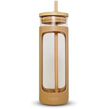 haelo 20oz Glass Tumbler Water Bottle, Iced Coffee Cup with Straw, Silicone Protective Sleeve, Bamboo Lid Reusable BPA Free Amber