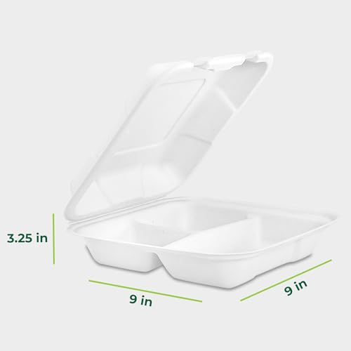 Image of Freshware Clamshell Food Containers with Lids [9x9 inch] 3-Compartment 100-Pack, Disposable To Go Containers, Biodegradable Sugarcane To Go Boxes - Paper Container - Microwave & Freezer Safe, Stackable