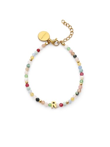 SINGULARU - Pulsera Personalizada Letter Altea Colors. Acero con Baño en Oro de 18 Kt y Piedra Natural. Joyas Para Mujer. Letra R.