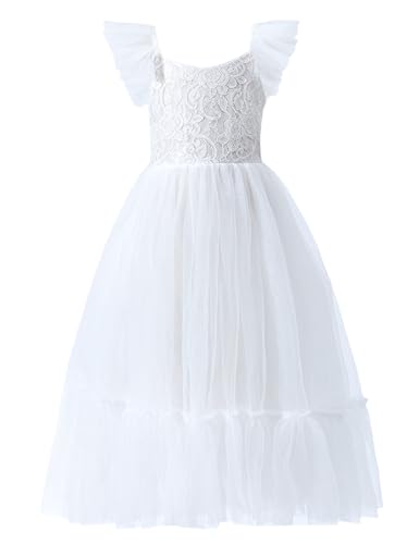 Girl A-Line Straight Tulle Tutu Dress Tie Back Summer Sleeveless Lace Flower Girl Dress for Birthday Party