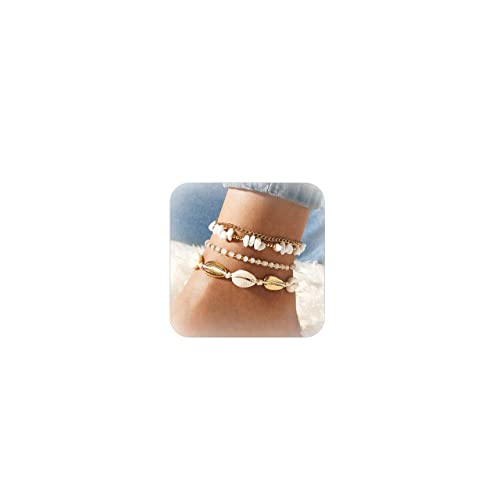 4 Pcs Layered Shell Anklet Set Beaded Foot Chain Gold Beach Foot Jewelry Crystal Anklet Bracelets For Women Girls (4 Pcs) #TOP4