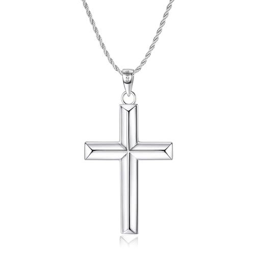 MILACOLATO Solid 925 Sterling Silver Cross Necklace for Men Women 1.5mm 2mm Durable Sterling Silver Chain with Cross Pendant for Men Silver Cross Crucifix Necklaces Jewelry 16-24 Inches (Wheat Chain/Rolo Chain/Rope Chain)