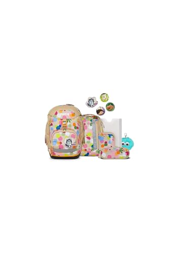 ergobag Pack Set Bundle AW25/26, ergonomischer Schulrucksack flexibel 7-teilig Set 1. Klasse Grundschule für Mädchen und Jungen BlütenzauBär - Beige