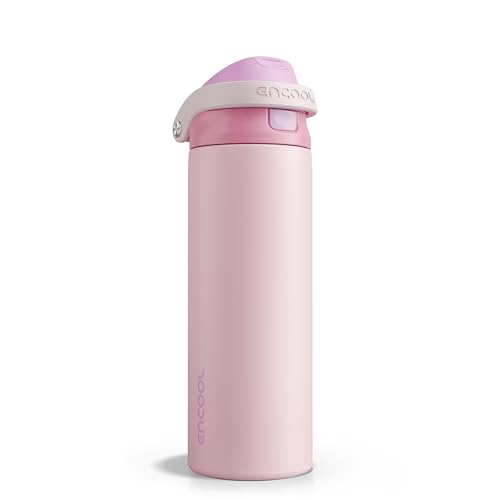 Image of ENCOOL Leakproof Insulated Water Bottle with Straw Dual-Sip Water Bottle Bag-Safe Design for Work, Commute & Gym - Keeps Drinks Cold All Day, 24 oz, Macaron Pink
